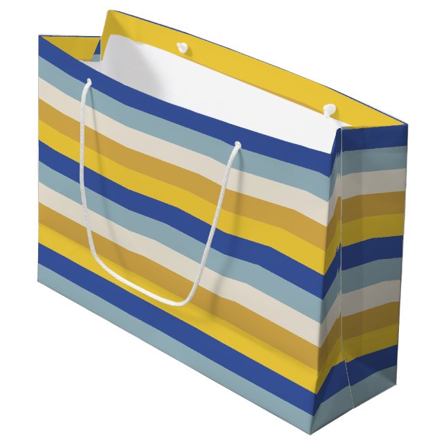 Modern blue yellow gold cream stripes Hanukkah Large Gift Bag (Front Angled)