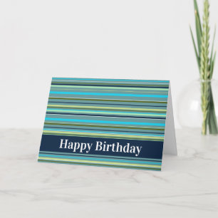 Modern Blue Yellow Green Stripes Happy Birthday Card