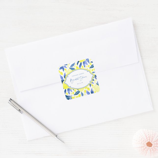 Modern Blue Yellow Lemons Bridal Shower  Square Sticker (Envelope)