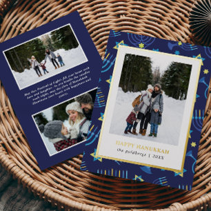 Modern Blue Yellow Menorah Stars 3 Photos Hanukkah Foil Holiday Card