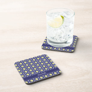 Modern Blue Yellow Moroccan Floral Pattern Name Be Coaster