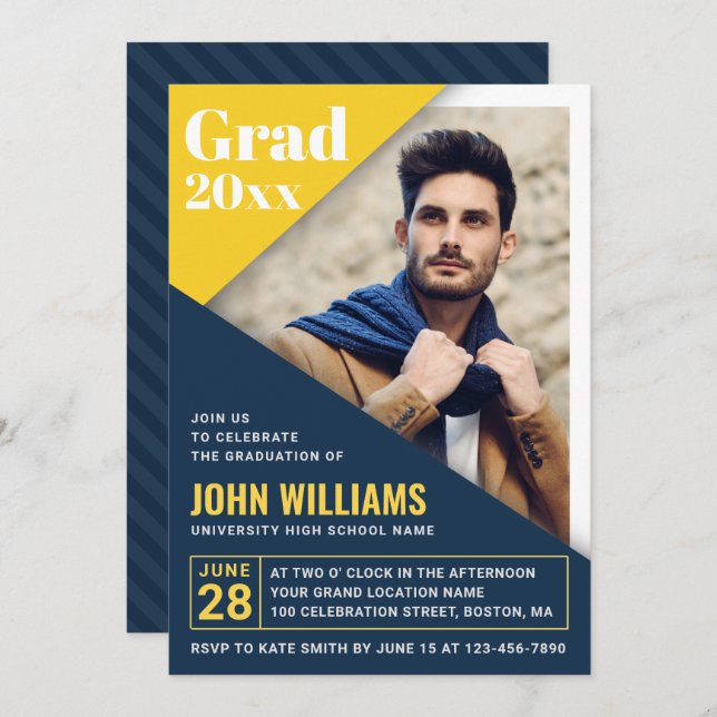 Modern Blue Yellow | Photo Graduation Party Invitation (Front/Back)