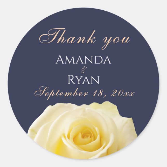 Modern Blue Yellow Rose Floral Wedding Thank you Classic Round Sticker (Front)