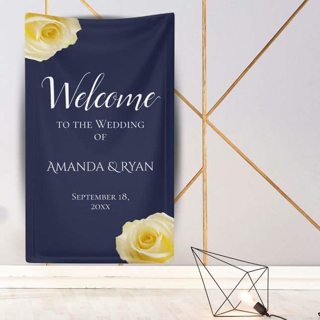 Modern Blue Yellow Roses Floral Wedding Welcome Banner (Creator Uploaded)