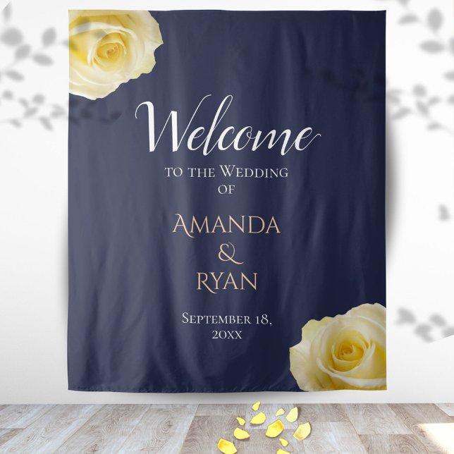 Modern Blue Yellow Roses Floral Wedding Welcome Tapestry (Creator Uploaded)