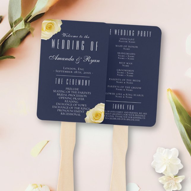 Modern Blue Yellow Roses Script Wedding Program Hand Fan (Creator Uploaded)