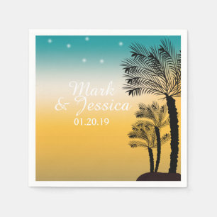 Modern Blue Yellow Sunset Tropical Beach Palms Napkin