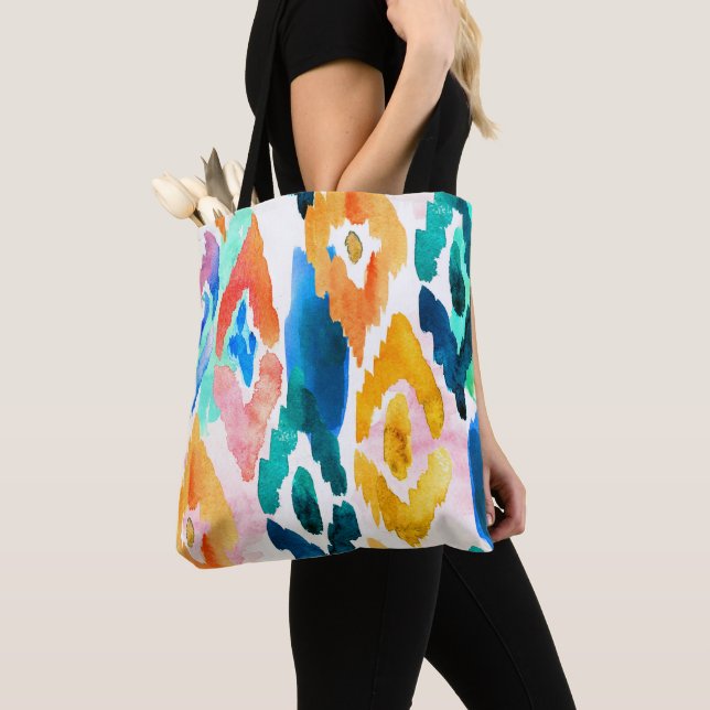 Modern Blue Yellow Watercolor Abstract Ikat | Tote Bag (Close Up)