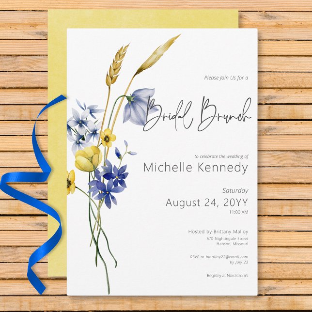 Modern Blue & Yellow Wildflowers Bridal Brunch Invitation (Modern Blue & Yellow Wildflowers Bridal Shower Invitation)