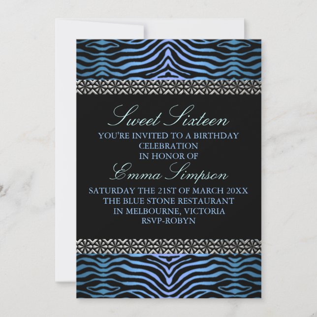 Modern Blue Zebra Print Sweet16 Birthday invite (Front)
