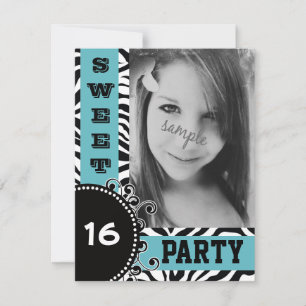 Modern Blue Zebra  Sweet 16 Birthday  Party Invitation