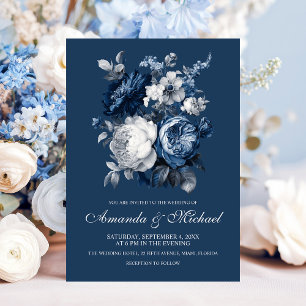 Modern Blues & Gray Floral Wedding Invitation