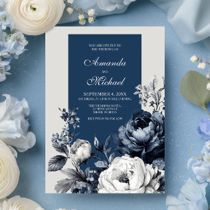 Modern Blues & Gray Floral Wedding Invitation