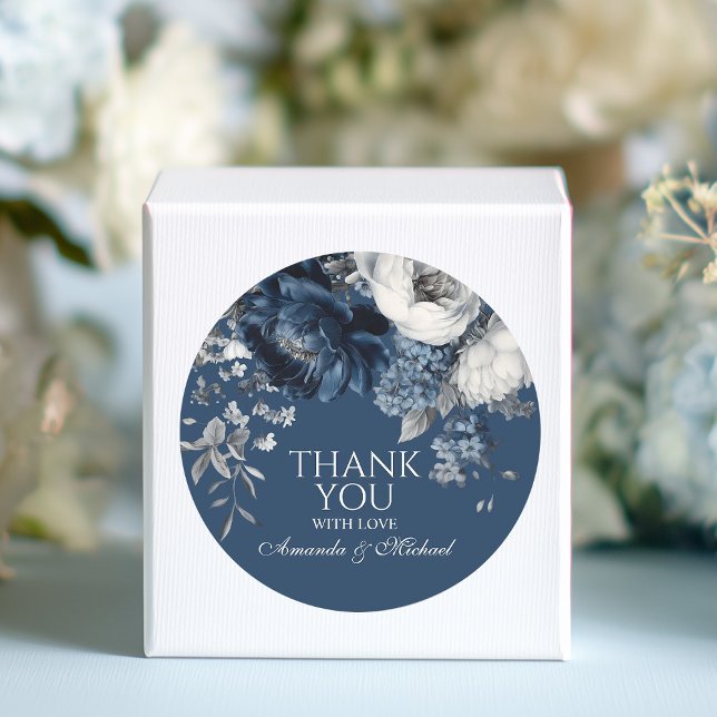 Modern Blues & Grey Floral Wedding Classic Round Sticker (Modern Blues & Gray Floral Wedding Classic Round Sticker)