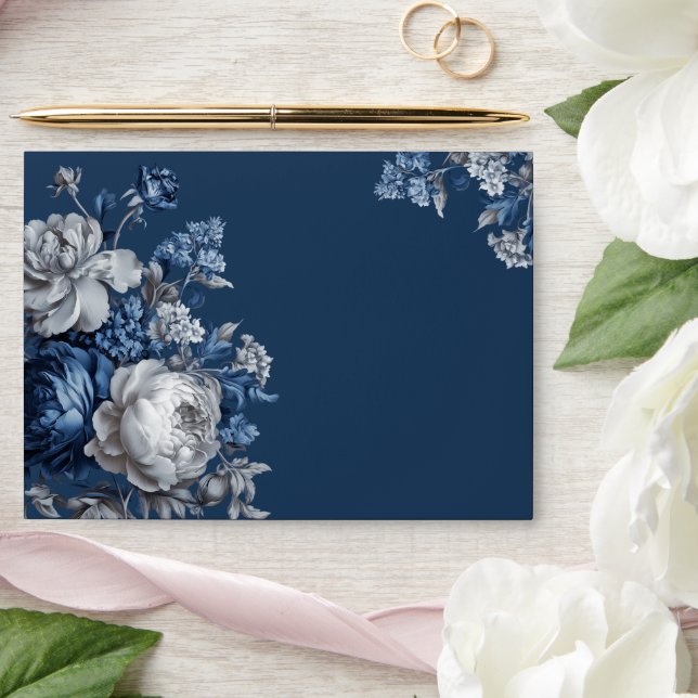 Modern Blues & Grey Floral Wedding Envelope (Wedding)