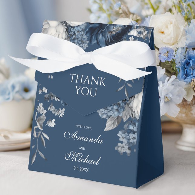 Modern Blues & Grey Floral Wedding Favour Box (Modern Blues & Gray Floral Wedding Favor Boxes)