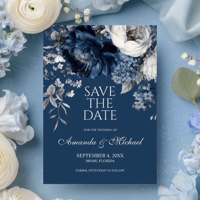 Modern Blues & Grey Floral Wedding Save The Date (Modern Blues & Gray Floral Wedding Save The Date)