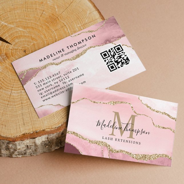 Modern Blush Agate Geode Gold Monogram QR Code Business Card (Creator Uploaded)
