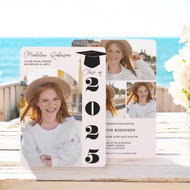 Modern Blush and Black 4 photos Graduation Invitation (Modern Blush and Black 4 photos Graduation Invitation)