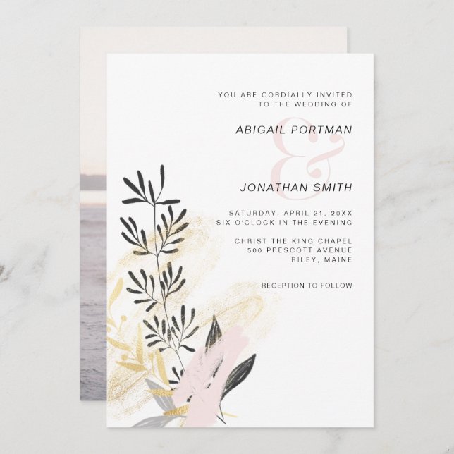 Modern Blush and Black Botanical Wedding Photo Invitation (Front/Back)