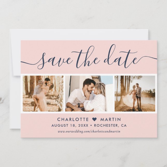 Modern Blush and Navy Blue Wedding 4 Photo Save The Date (Front)