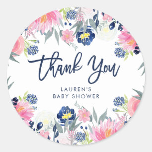 Modern Blush and Navy Floral Baby Shower Thank You Classic Round Sticker