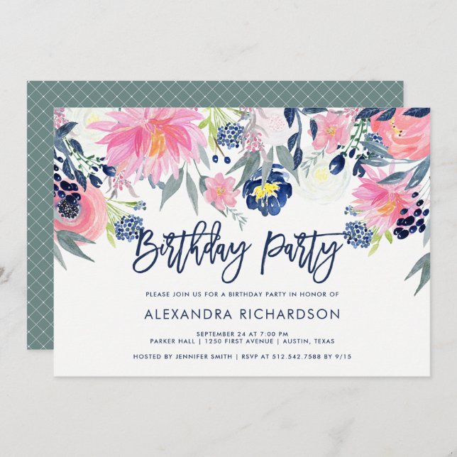 Modern Blush and Navy Floral Birthday Party Invitation (Front/Back)