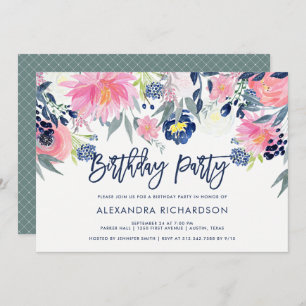Modern Blush and Navy Floral Birthday Party Invitation
