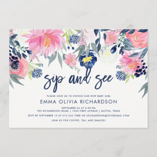 Modern Blush and Navy Floral Sip and See Invitation
