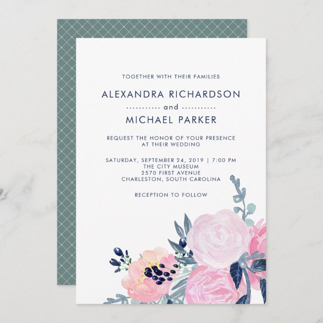 Modern Blush and Navy Floral Wedding | Vertical Invitation (Front/Back)