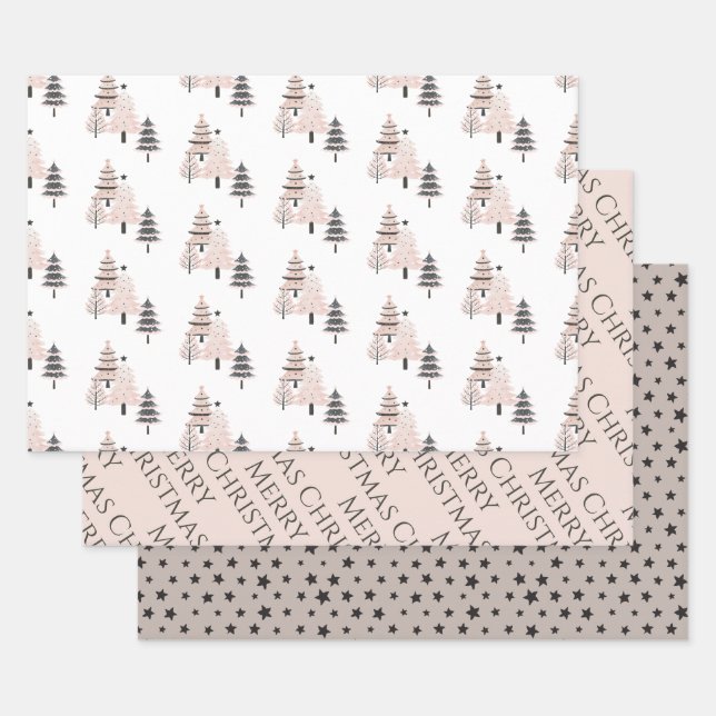 Modern Blush and Neutral Christmas Tree Wrapping Paper Sheet (Set)