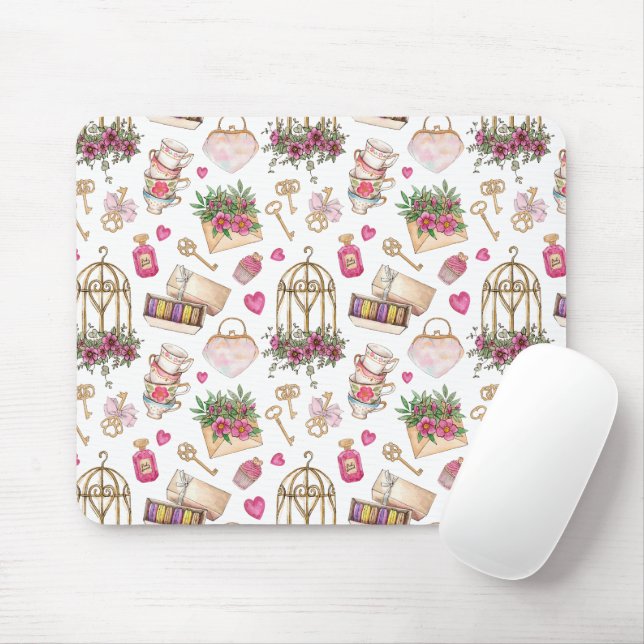 Modern Blush and White Tea Party Mouse Pad (With Mouse)