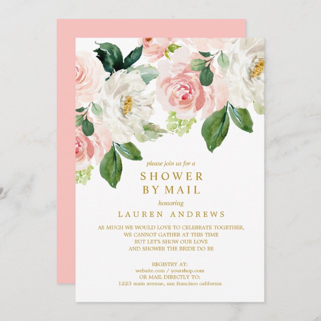Modern Blush Bouquet Cancelled Shower Gold Wedding Invitation (Front/Back)