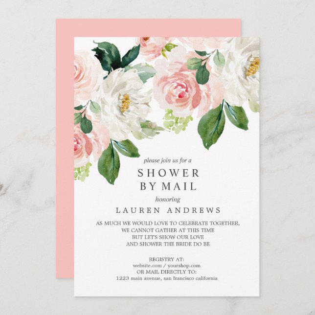 Modern Blush Bouquet Cancelled Shower Pink Wedding Invitation (Front/Back)