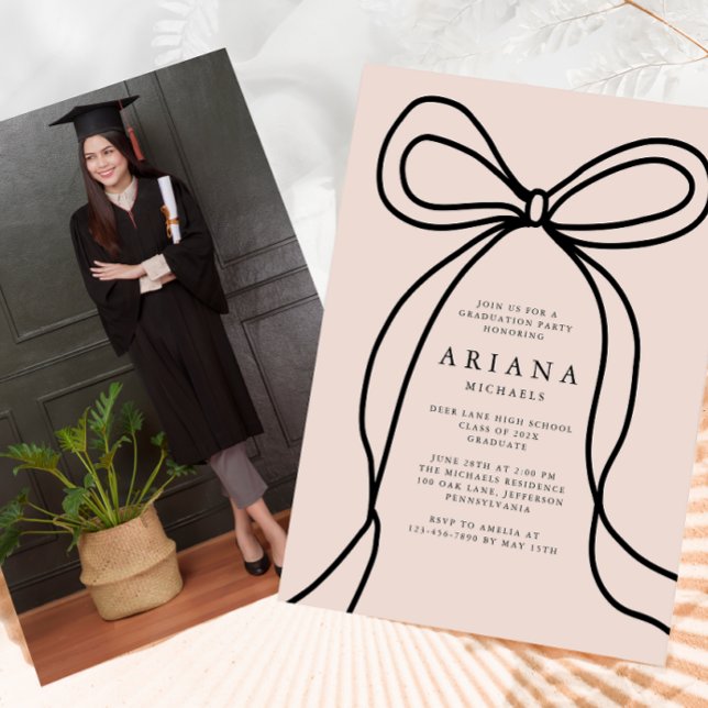Modern Blush Bow Photo Graduation Party Invitation (Creator Uploaded)