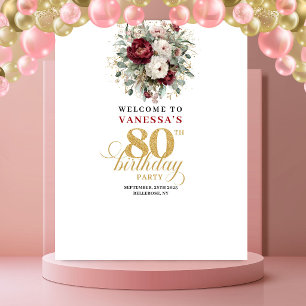 Modern Blush Burgundy 80th Birthday Banner Tapestry