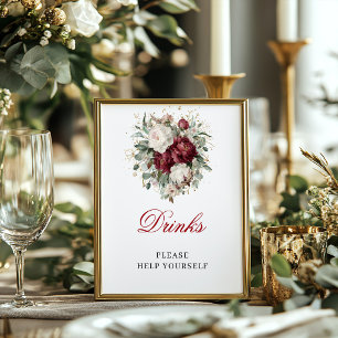 Modern Blush Burgundy Drinks Sign with Greenery
