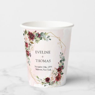 Modern blush burgundy floral gold frame boho paper cups