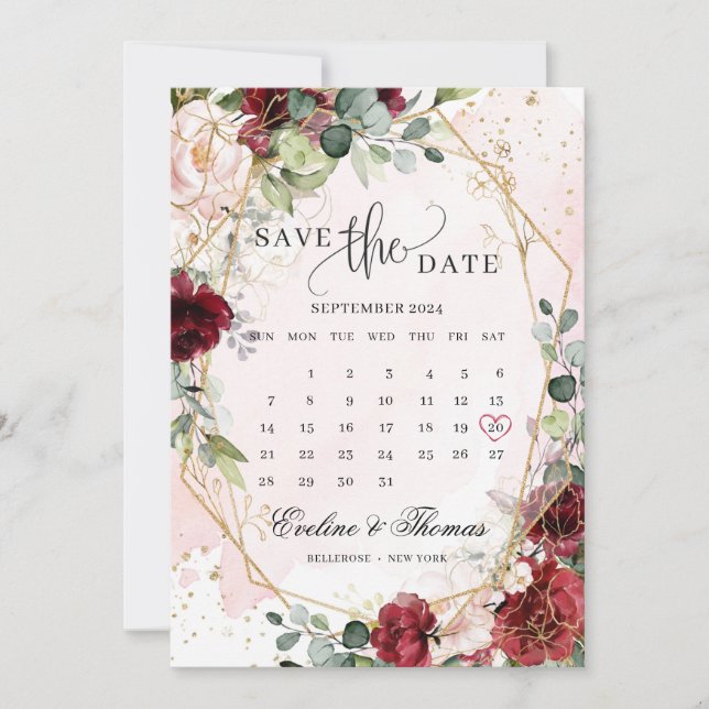 Modern blush burgundy floral gold geometric boho save the date (Front)
