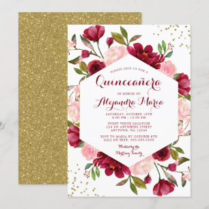 Modern Blush Burgundy Floral Quinceanera Invitation