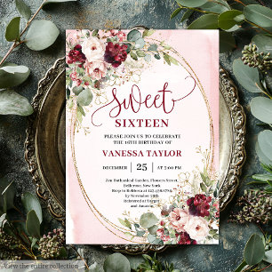 Modern Blush Burgundy Gold Floral Sweet Sixteen  Invitation