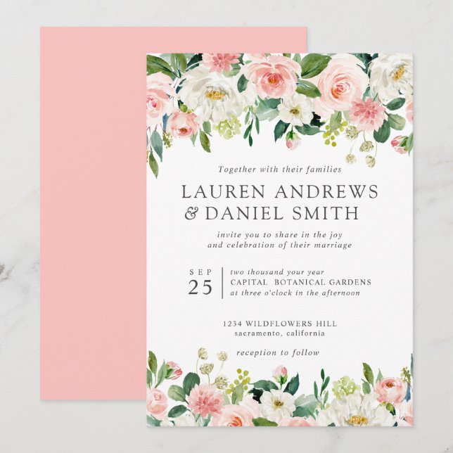 Modern Blush | Chic Botanical Garland wedding Invitation (Front/Back)