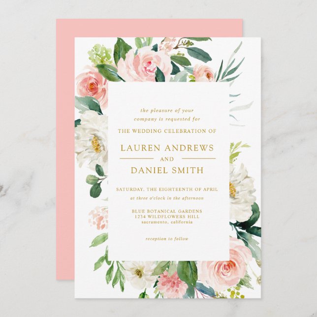 Modern Blush | Chic Botanical Gold Floral Wedding Invitation (Front/Back)