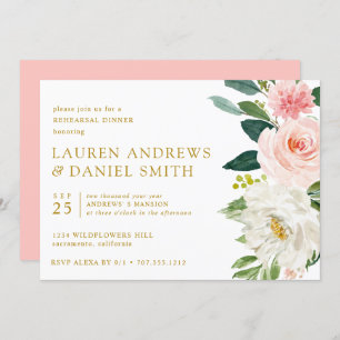 Modern Blush Chic Floral Gold Rehearsal Dinner Invitation