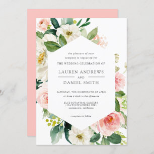 Modern Blush   Chic Geometric Gold Floral Wedding Invitation
