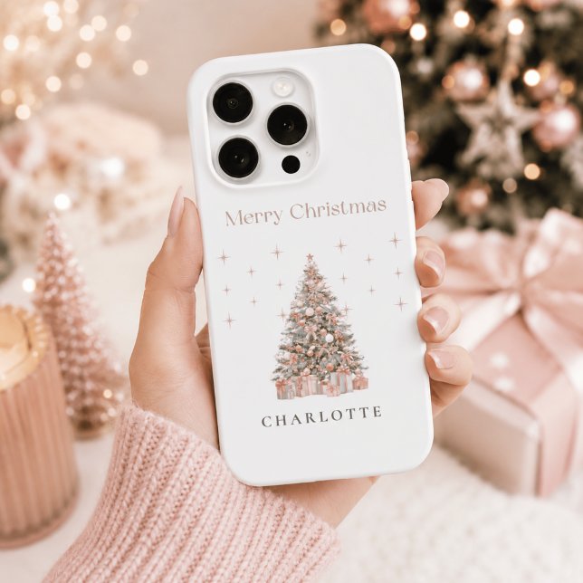 Modern Blush Christmas Tree Personalised Holiday  iPhone Case (Creator Uploaded)