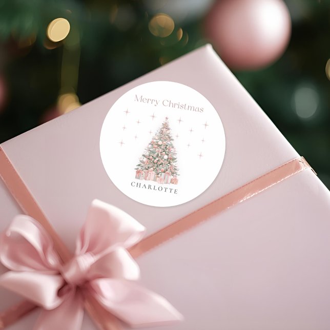 Modern Blush Christmas Tree – Personalized Holiday Classic Round Sticker (Creator Uploaded)