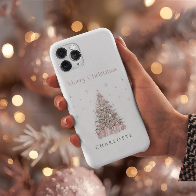 Modern Blush Christmas Tree Personalized Holiday  iPhone Case (Creator Uploaded)