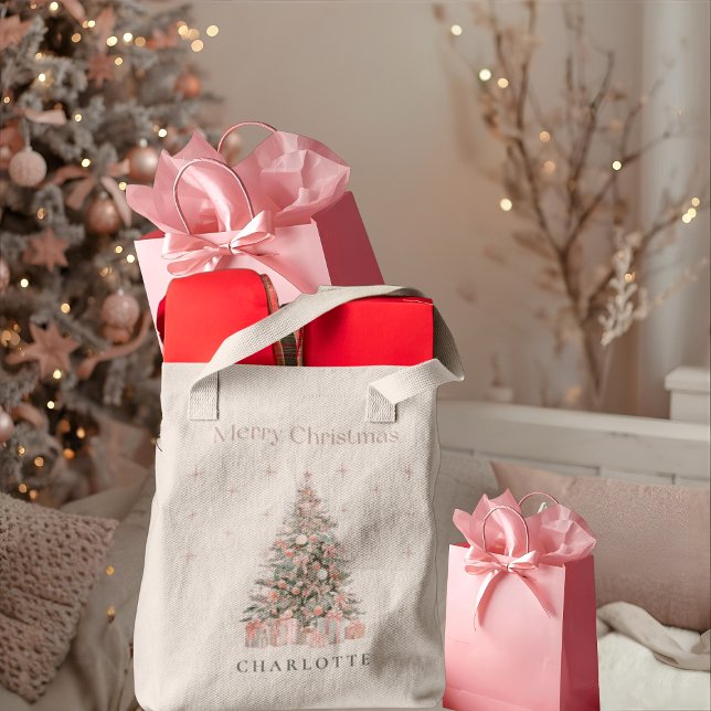 Modern Blush Christmas Tree Personalized Holiday  Tote Bag (Creator Uploaded)