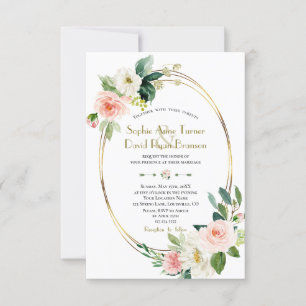 Modern Blush Cream Flowers Gold Wedding Invitation